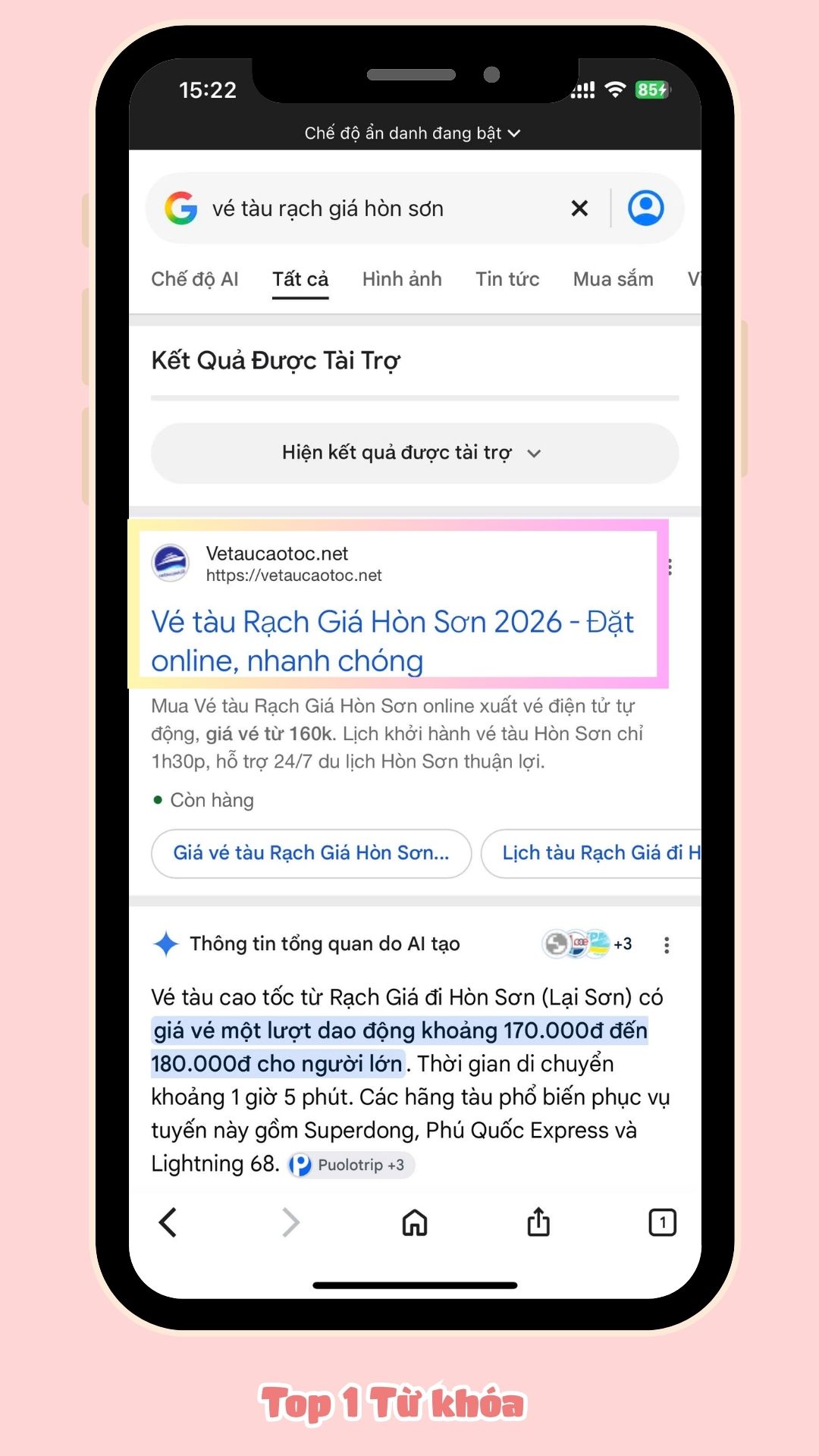 Top 1 từ khóa vé tàu Rạch Giá Hòn Sơn